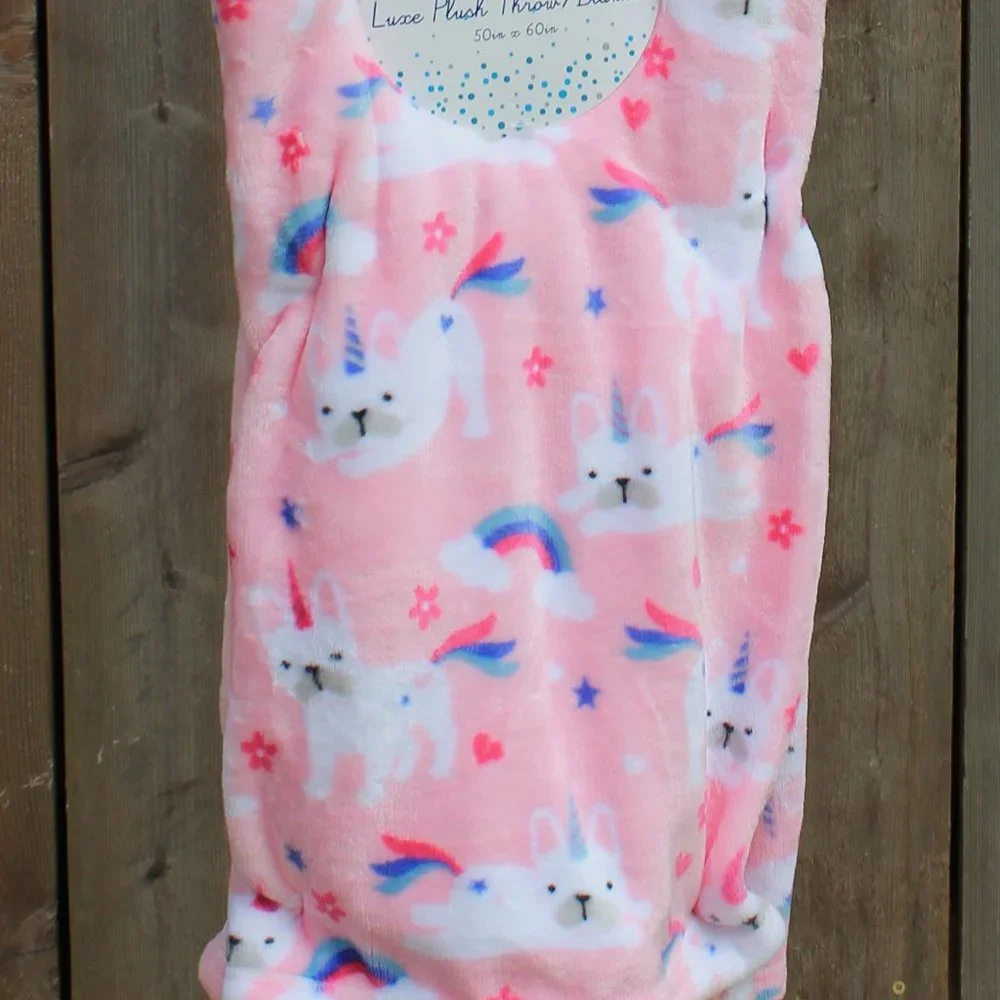 Pink Unicorn Frenchie Dog Plush Throw Blanket
